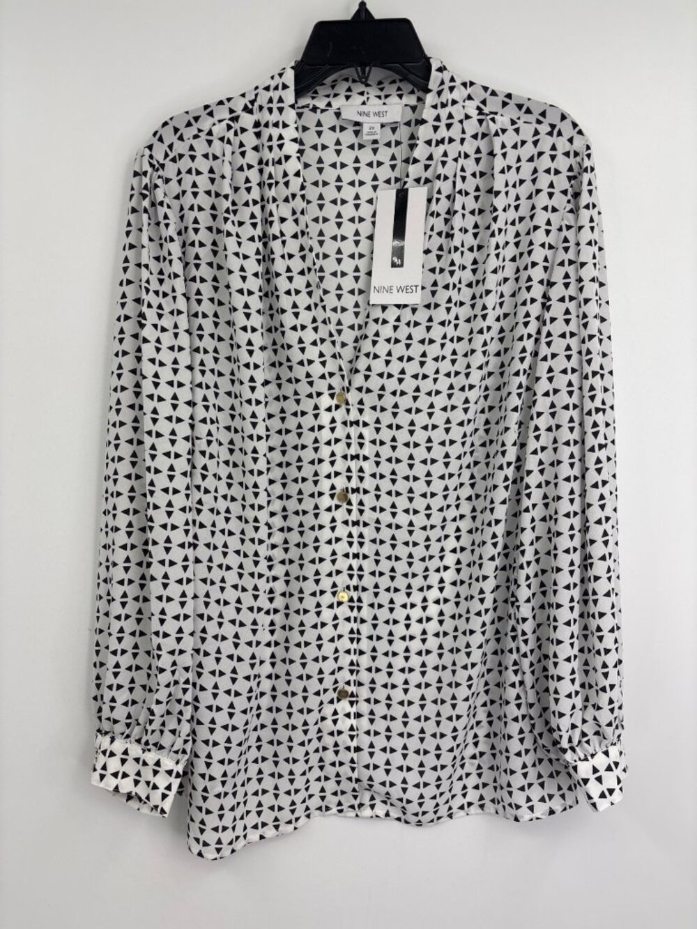 Nine West Split V-Neck Button Long Sleeve Blouse Triangles White Black 2X NEW